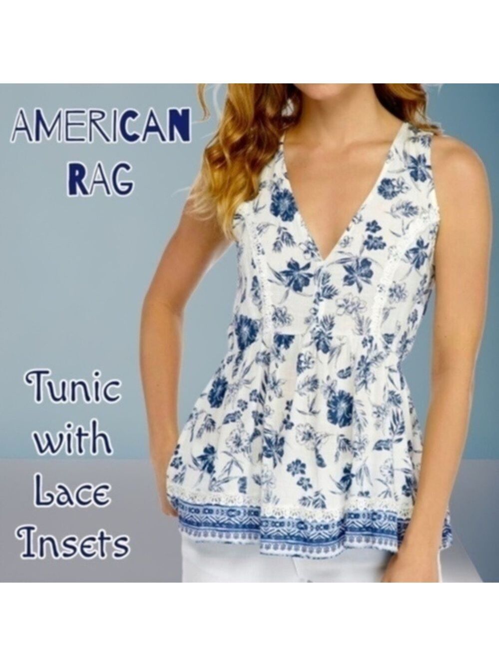 AMERICAN RAG V-neck Sleeveless Rayon Tunic w/Back Tie, Lace Insets NWT/XL
